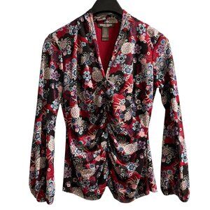 Vintage Y2K Bisou Bisou Top Womens PL Red Mesh Floral Ruched Asymmetrical Fairy